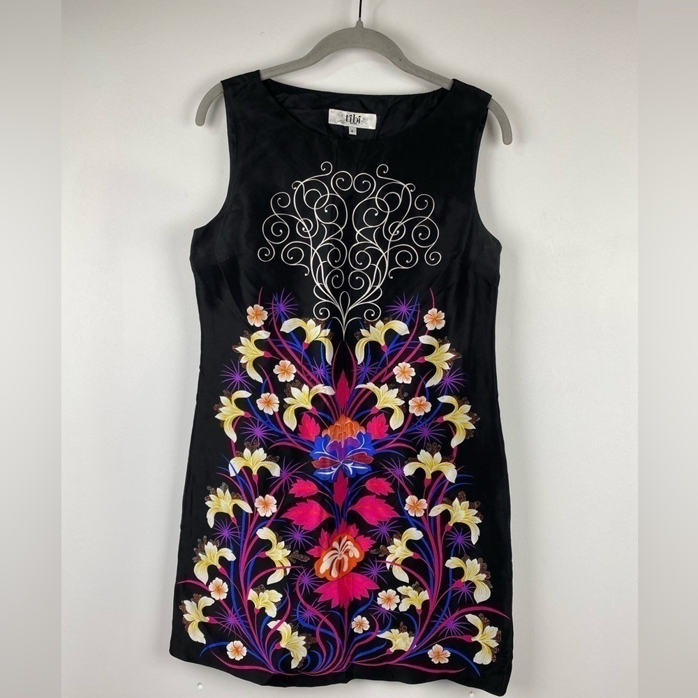 Tibi Sleeveless Black Silk Printed Sheath Dress, Size 6
